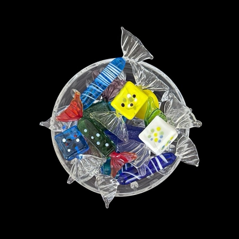 13 Vintage Murano Style Glass Wrapped Candies with Crystal Bowl